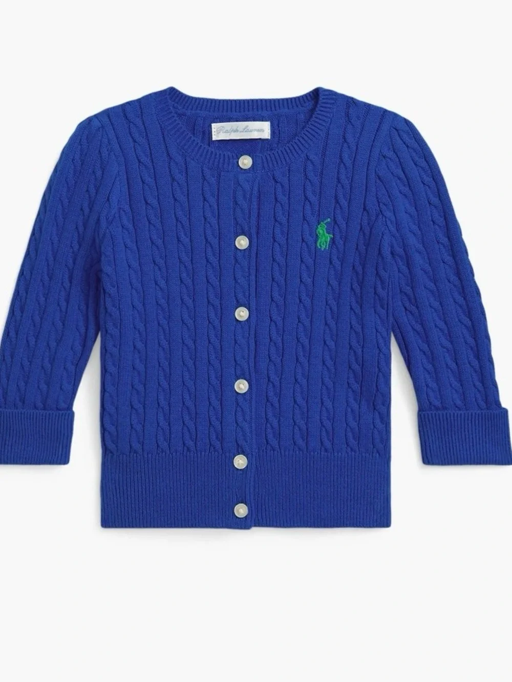 Ralph Lauren Girls' Cable-Knit Cardigan - Royal Blue with Green Pony